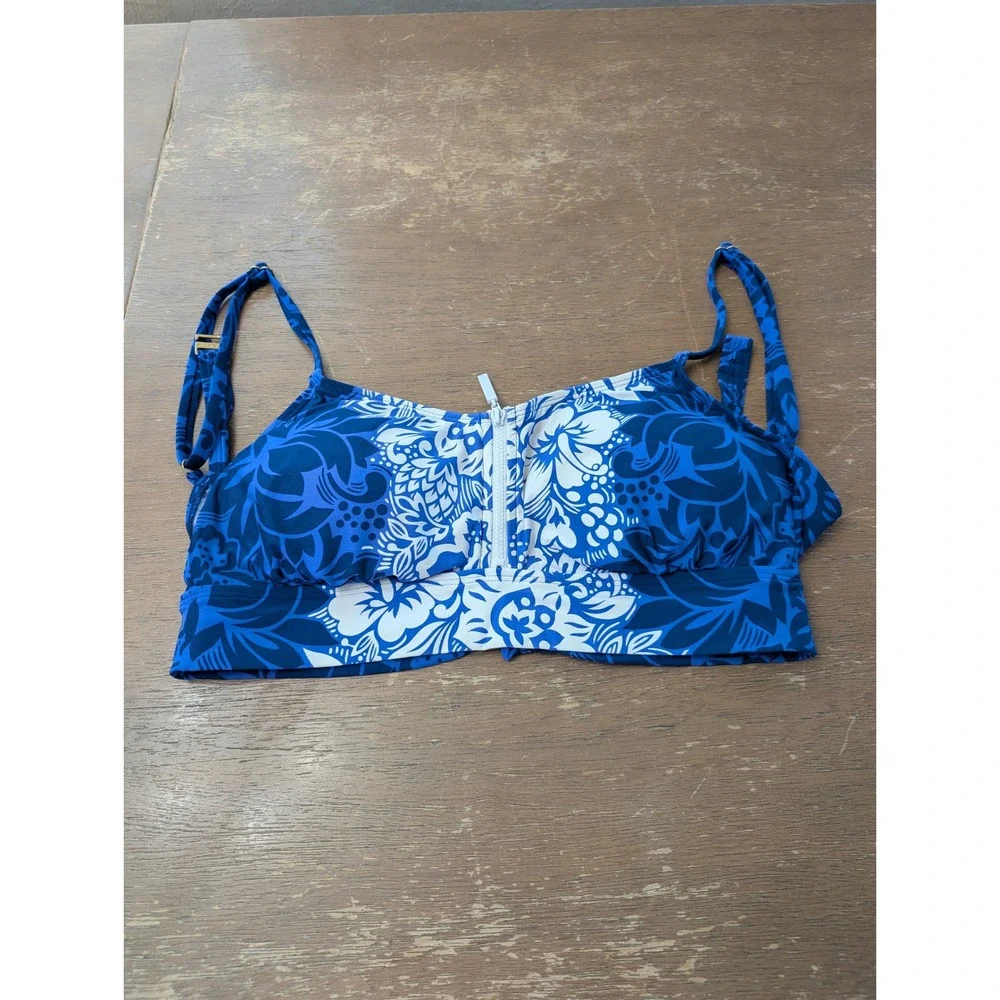 Lauren Ralph Lauren Blue Floral Front Zip Bikini Top Womens Size 12‎ Tropical